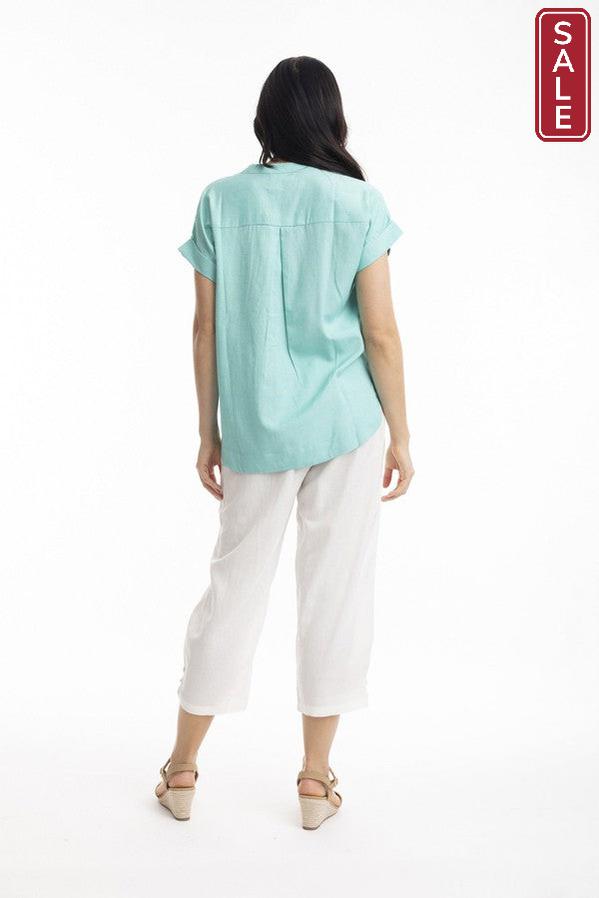 Essentials Linen Blend V Neck Top Aqua