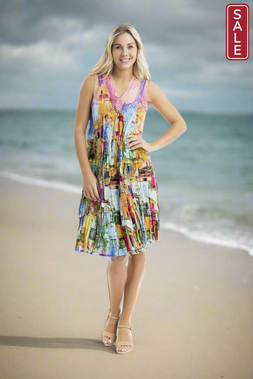 Printed Cotton Pleated V Neck Dress Havana