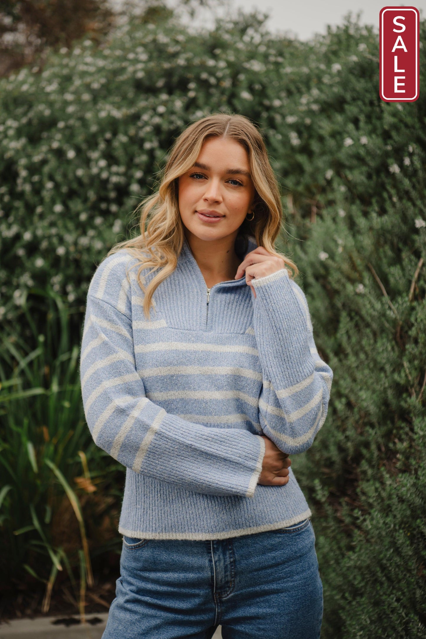 Bella Striped Zip pullover Cornflower/white