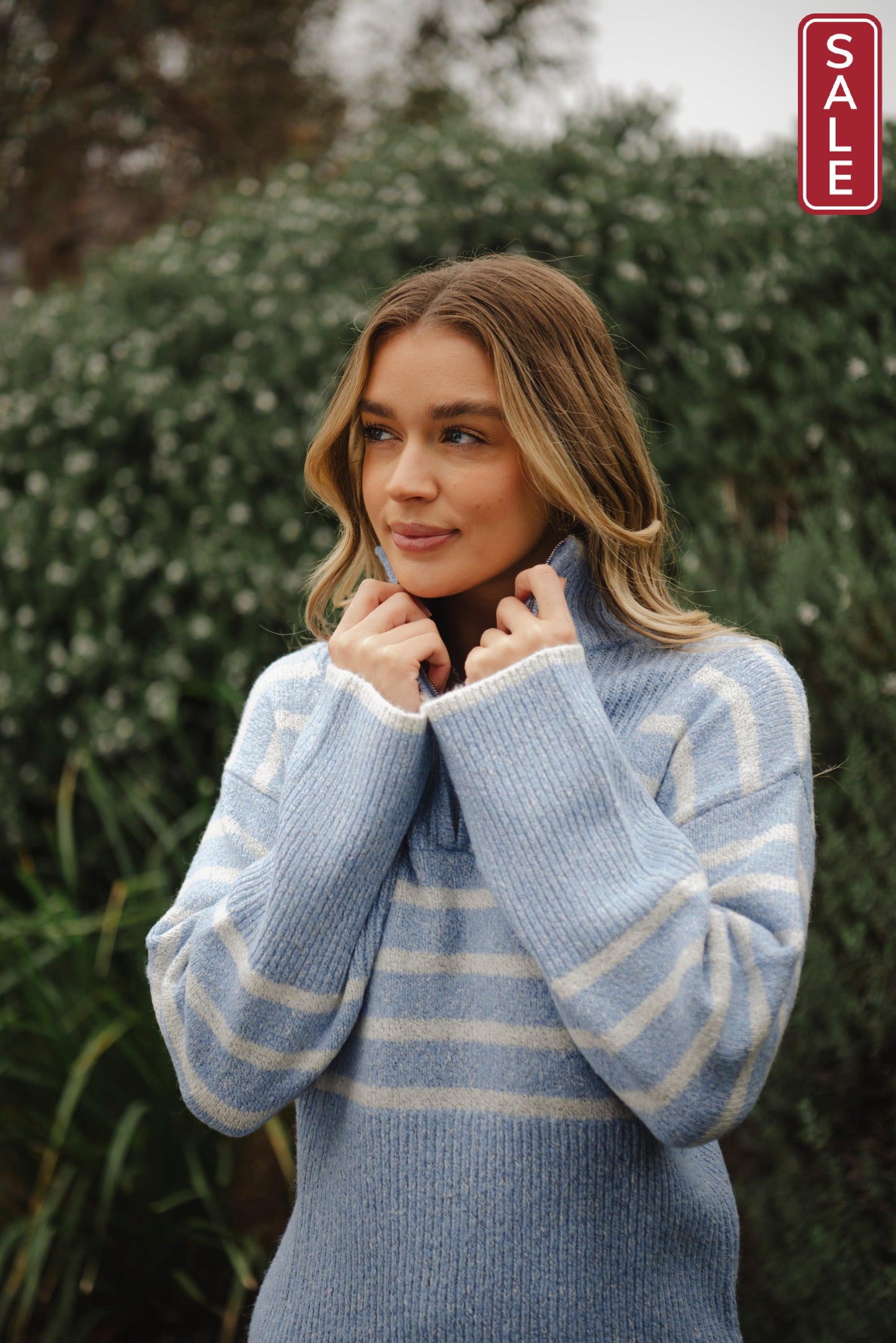 Bella Striped Zip pullover Cornflower/white
