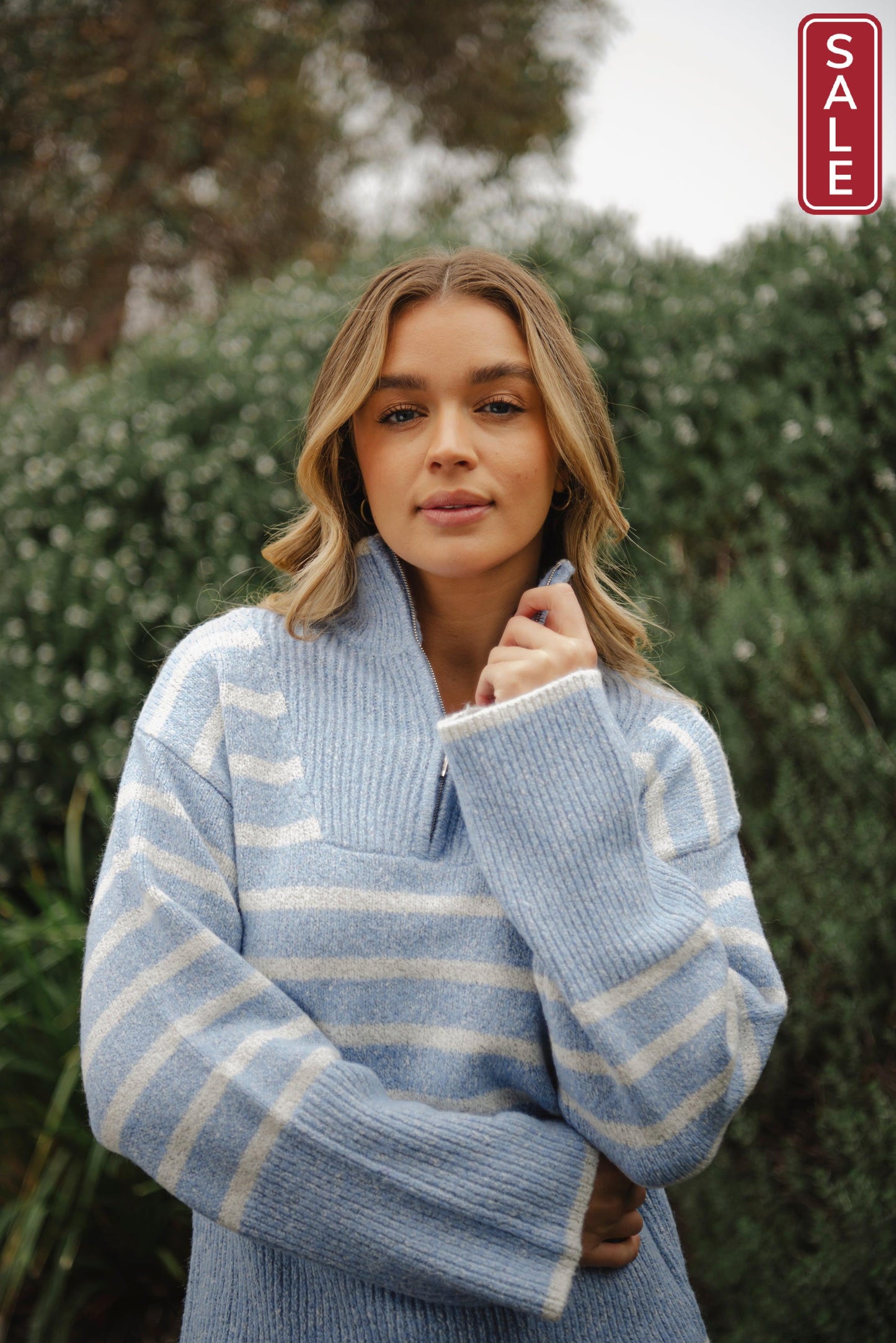 Bella Striped Zip pullover Cornflower/white