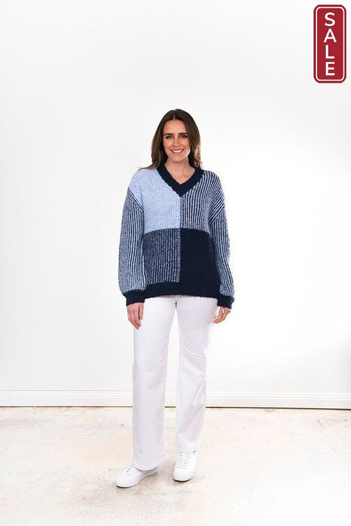 Bella 2 tone Fishermans Jumper in blue, featuring a V neck and stylish two-tone design, perfect for casual wear.