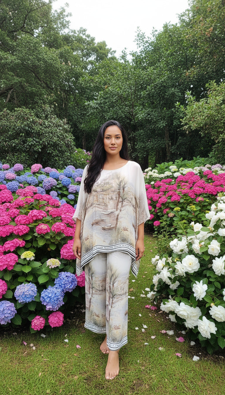 Silk Vintage Boats Kaftan Top