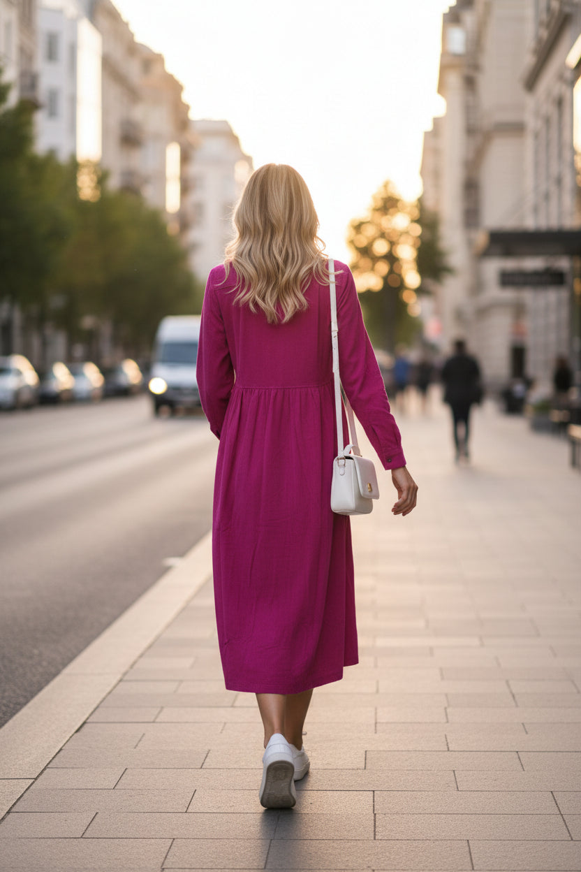 Cord Collar Buttons Dress -Blush Pink Orientique
