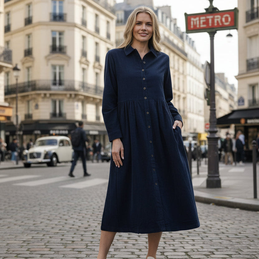 Cord Collar Buttons Dress -Navy Gypsyroad Bowral