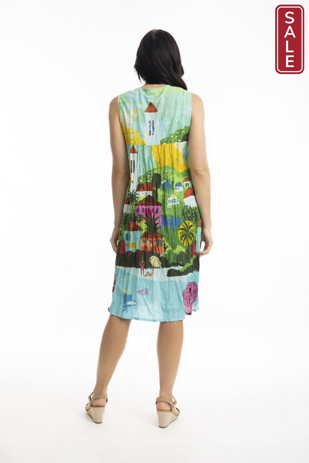 Printed Cotton Pleated V Neck Dress Carabean
