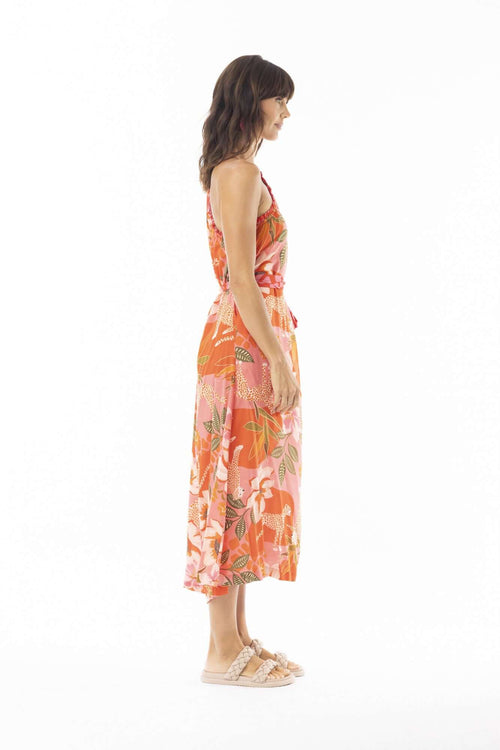 Aria Off the Shoulder Dress showcased in side view, featuring a floral design and flattering tie waist detail.