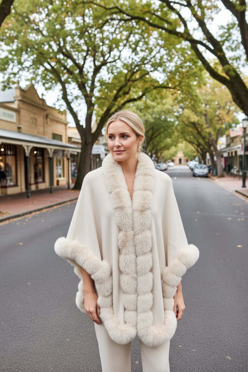 Woman wearing the elegant Camilla Shawl with luxurious faux fur trim on a charming street.