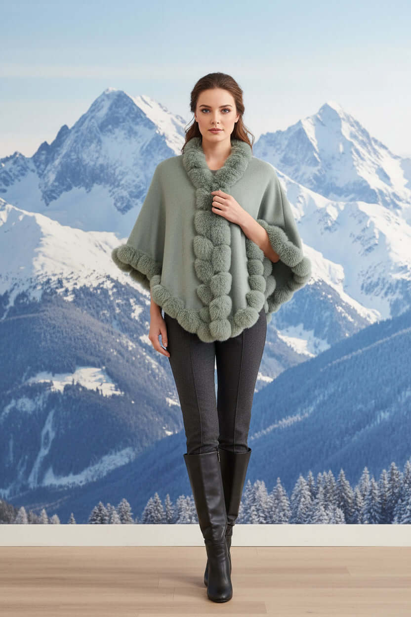 Model wearing a stylish Camilla Shawl with faux fur trim, set against a snowy mountain backdrop.