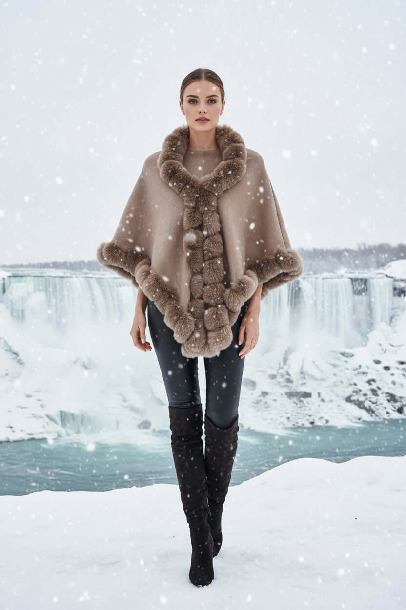 Model wearing the elegant Camilla Shawl with faux fur trim, set against a snowy backdrop near waterfalls.