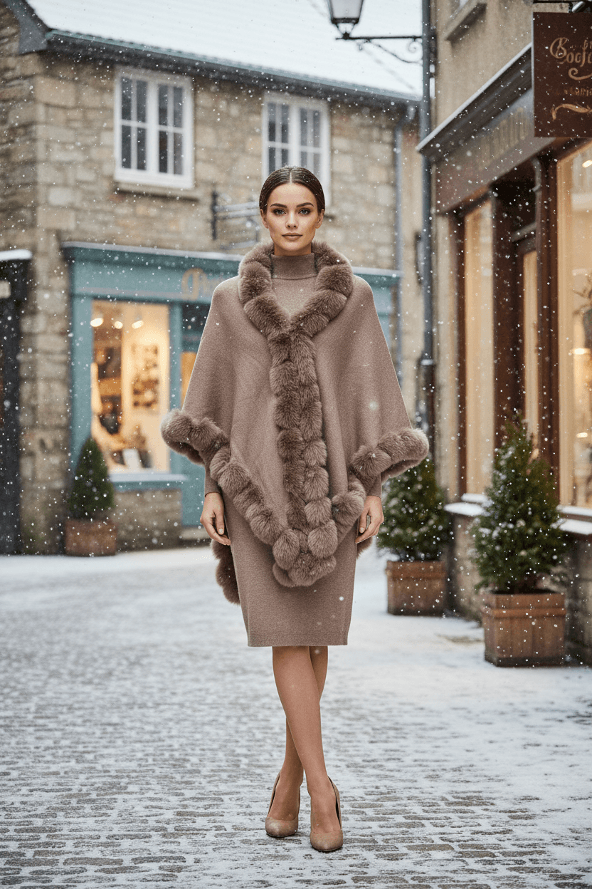 Model wearing the Camilla Shawl with luxurious faux fur trim, standing in a snowy street, showcasing elegance and warmth.