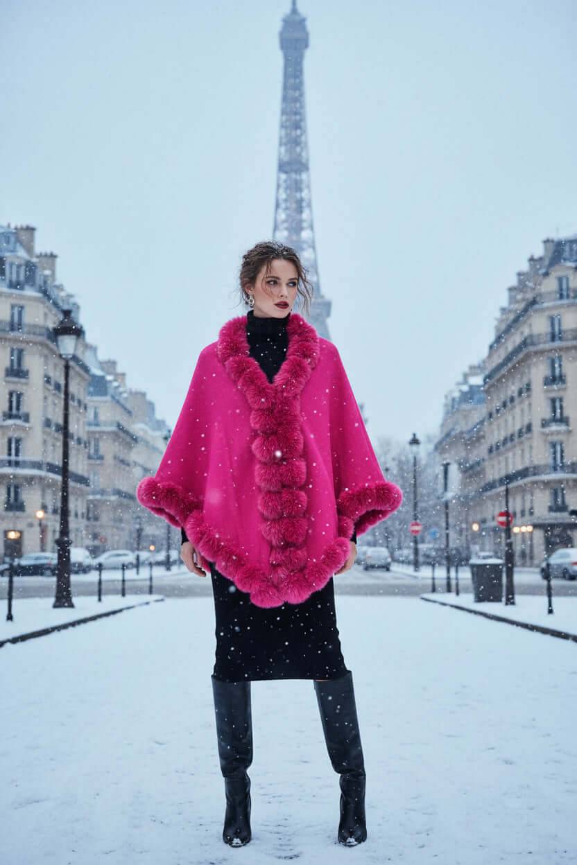 Camilla Shawl in vibrant pink, featuring faux fur trim, worn against a snowy Paris backdrop with the Eiffel Tower.