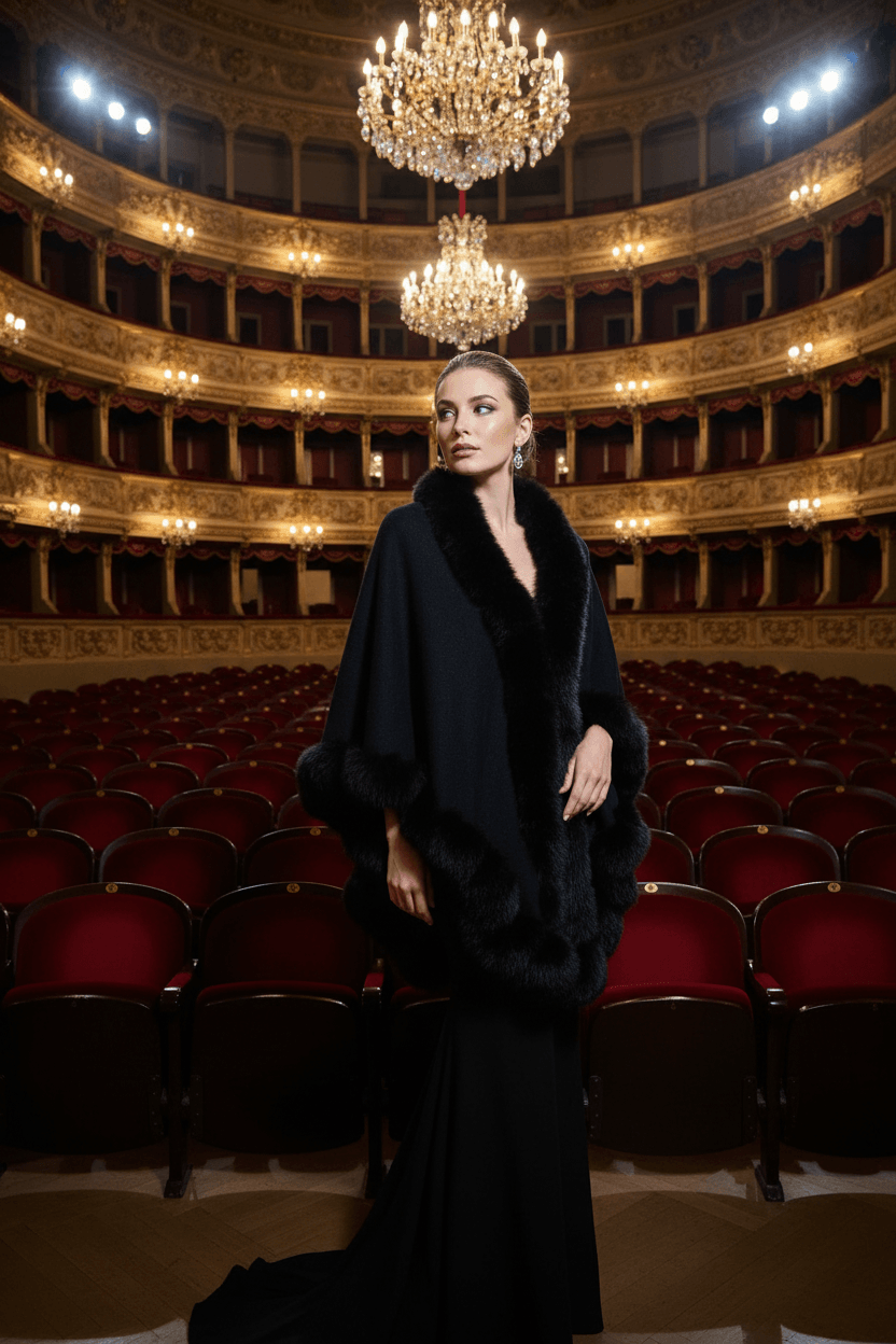 Elegant model showcasing the Camilla Shawl in a grand theater setting with luxurious faux fur trim.