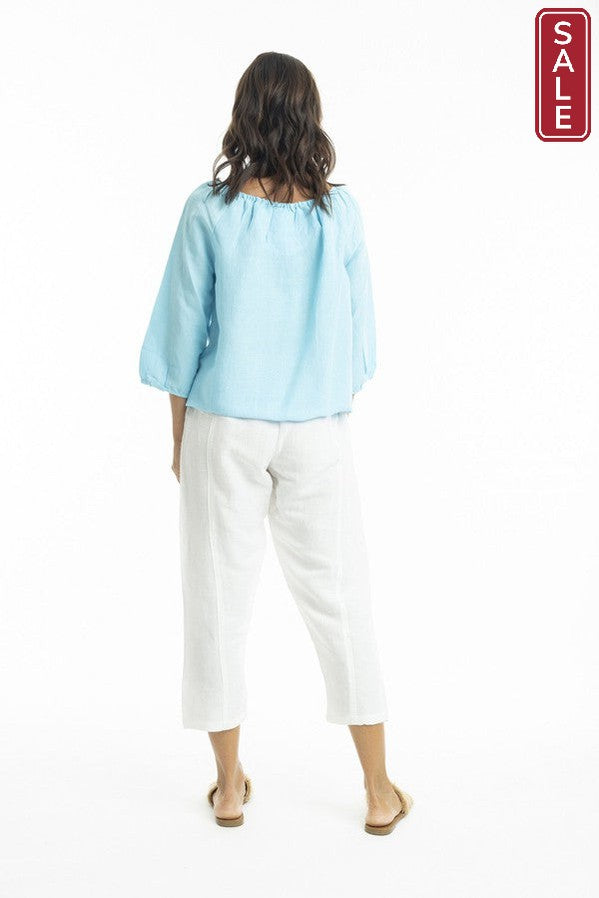 Linen 3/4 Sleeve Top with Gather Neckline sky
