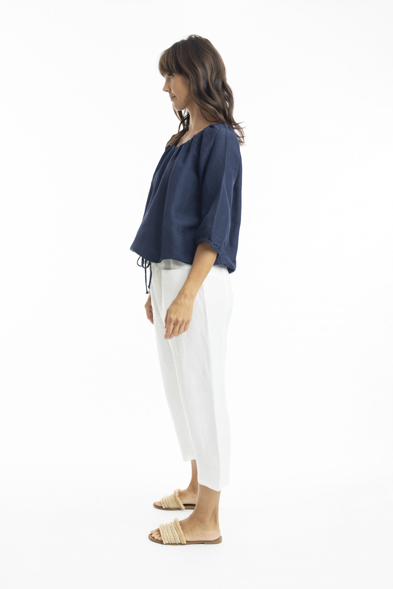 Linen 3/4 Sleeve Top with Gather Neckline Navy