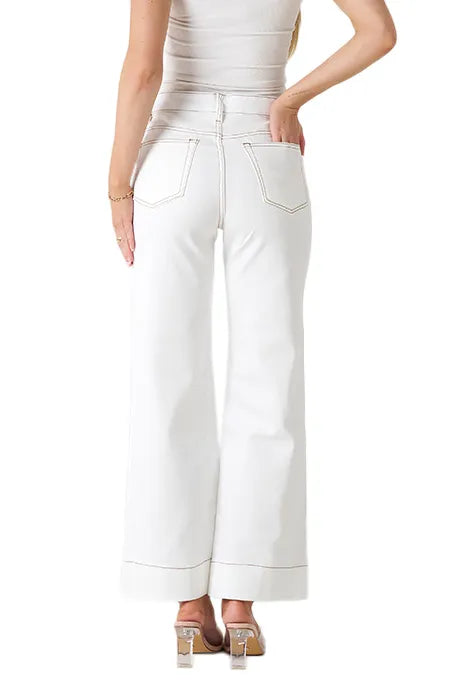 WK 2148 Cream Wide leg Jeans
