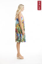 Printed Cotton Pleated V Neck Dress Havana