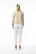 Essentials Jacket sand worn by a model from the back, showcasing its stylish frayed trim and casual elegance.