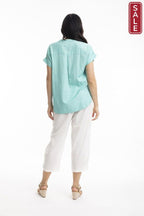 Essentials Linen Blend V Neck Top Aqua
