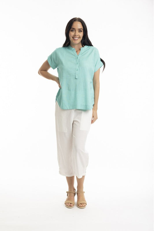 Essentials Linen Blend V Neck Top Aqua