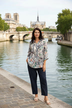 Model wearing a stylish WT Suzy Eiffel tower Shirt with a charming collar and relaxed fit.
