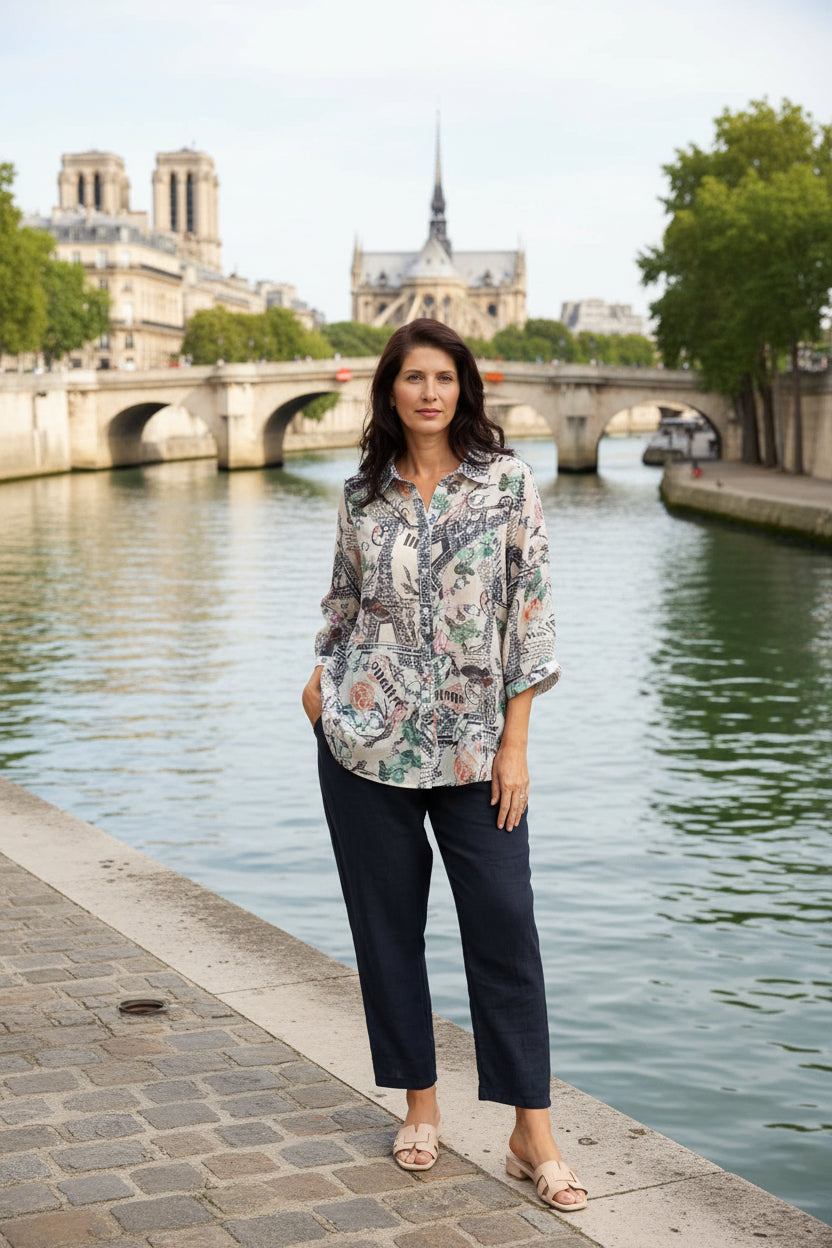 Model wearing a stylish WT Suzy Eiffel tower Shirt with a charming collar and relaxed fit.