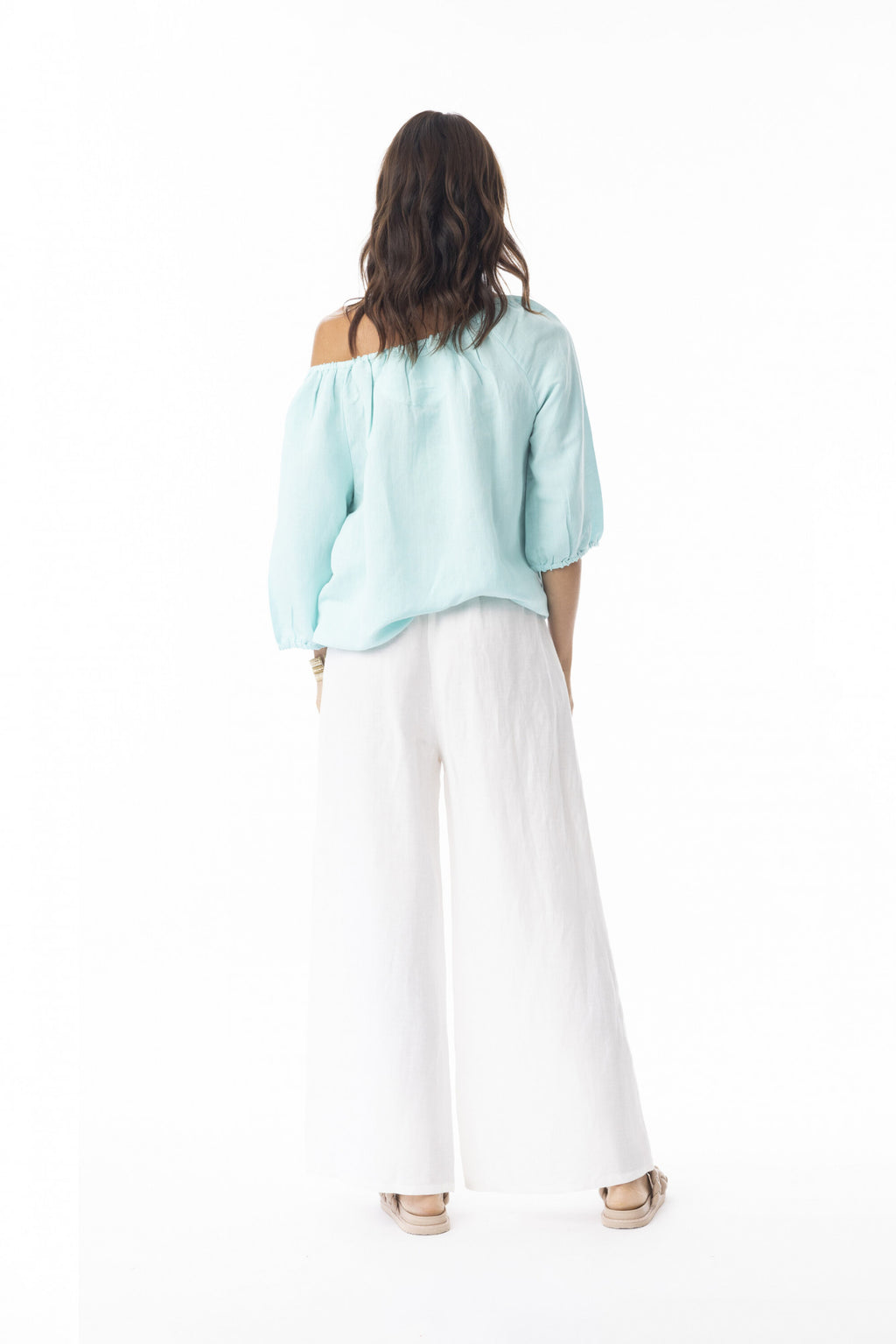 Linen Solid Top Gather Neck 3/4 slv IS