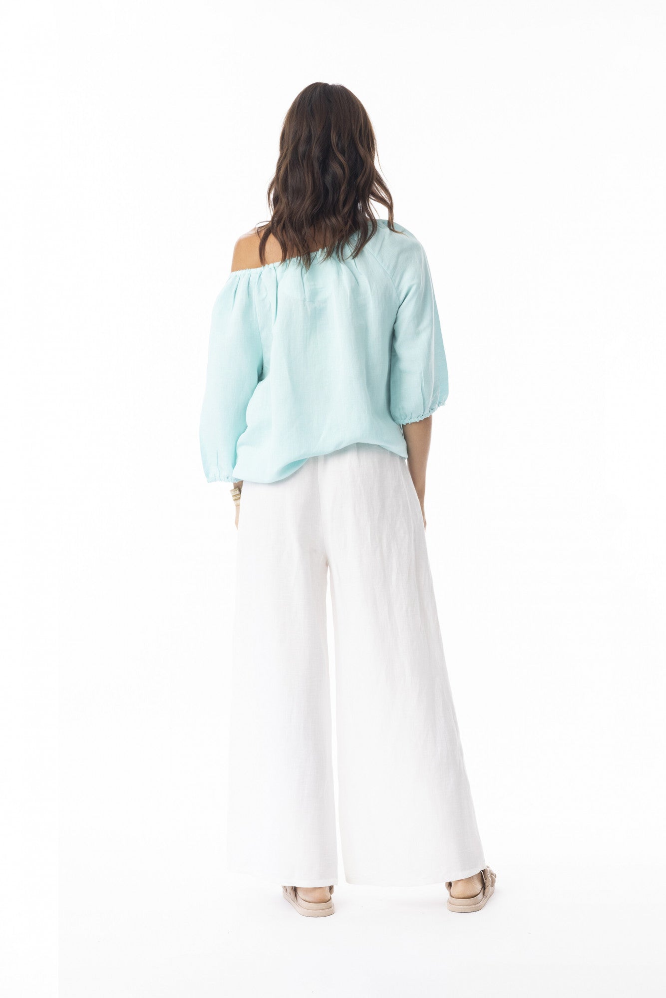 Linen Solid Top Gather Neck 3/4 slv IS