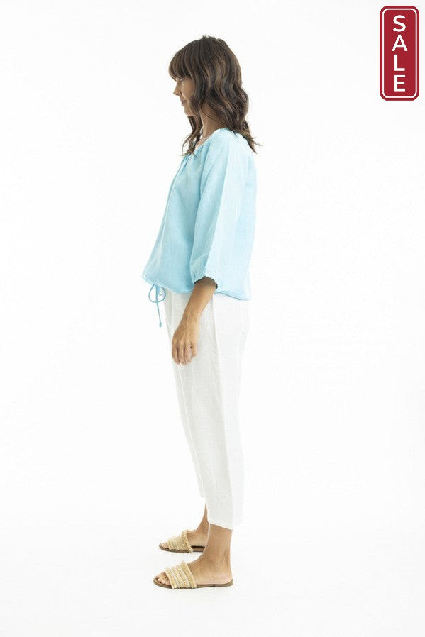 Linen 3/4 Sleeve Top with Gather Neckline sky