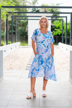 Geo Floral Panel Dress Blue