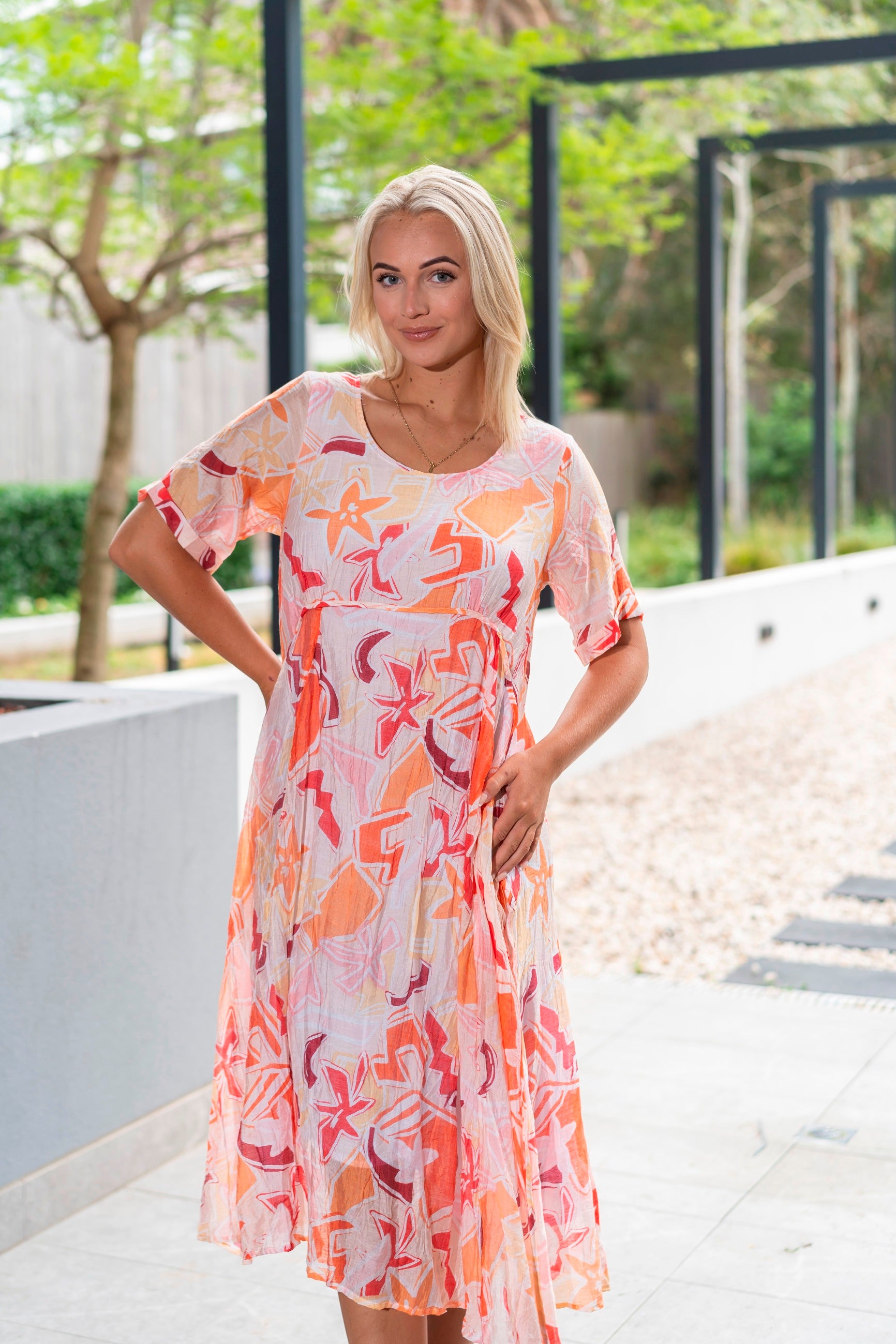 Geo Floral Panel Dress orange