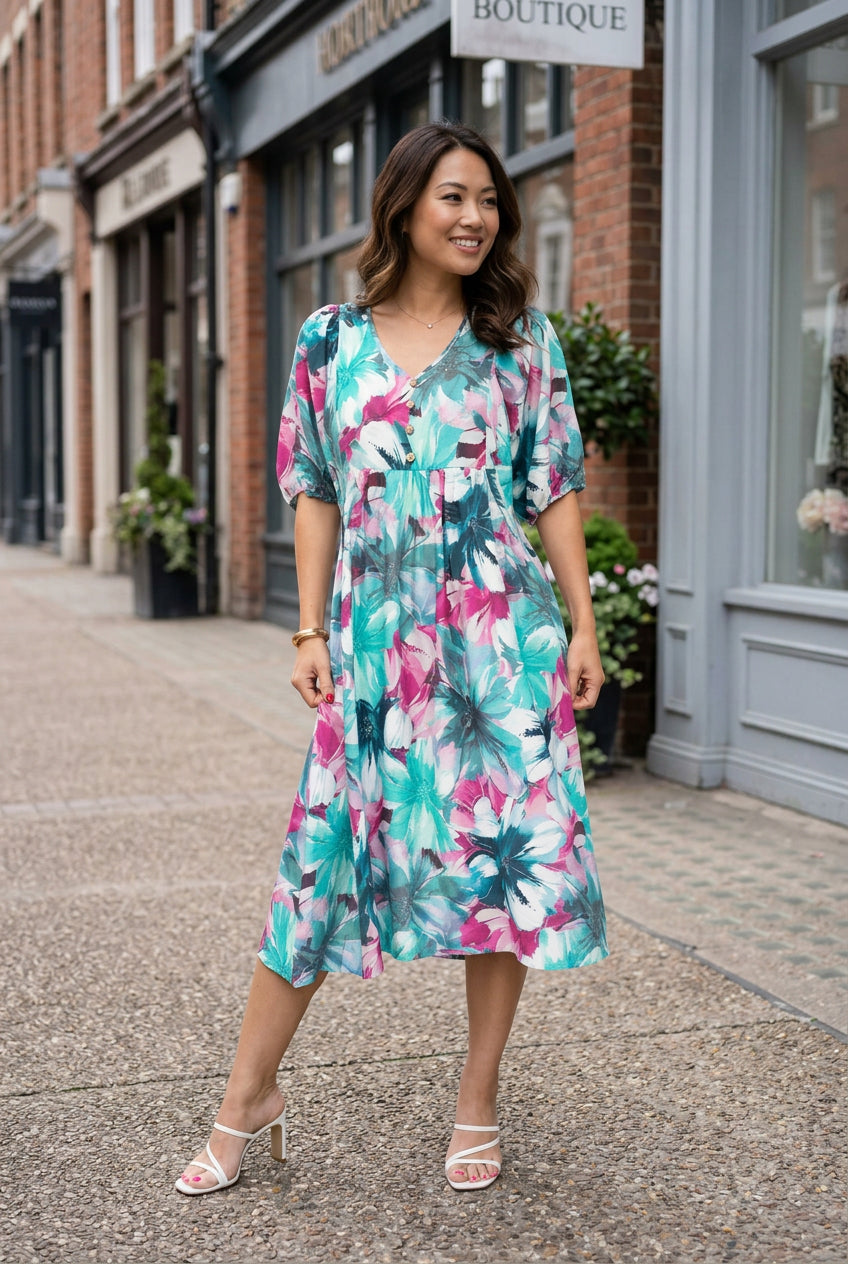 WT Floral  Peasant Dress- Teal