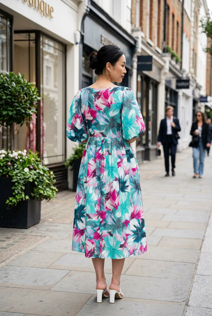 WT Floral  Peasant Dress- Teal