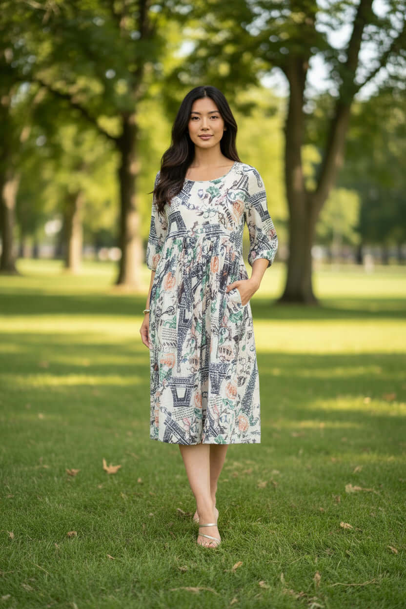 Model wearing the WT Suzy Eiffel Tower Dress Cream in a park with a relaxed silhouette and Eiffel Tower print.