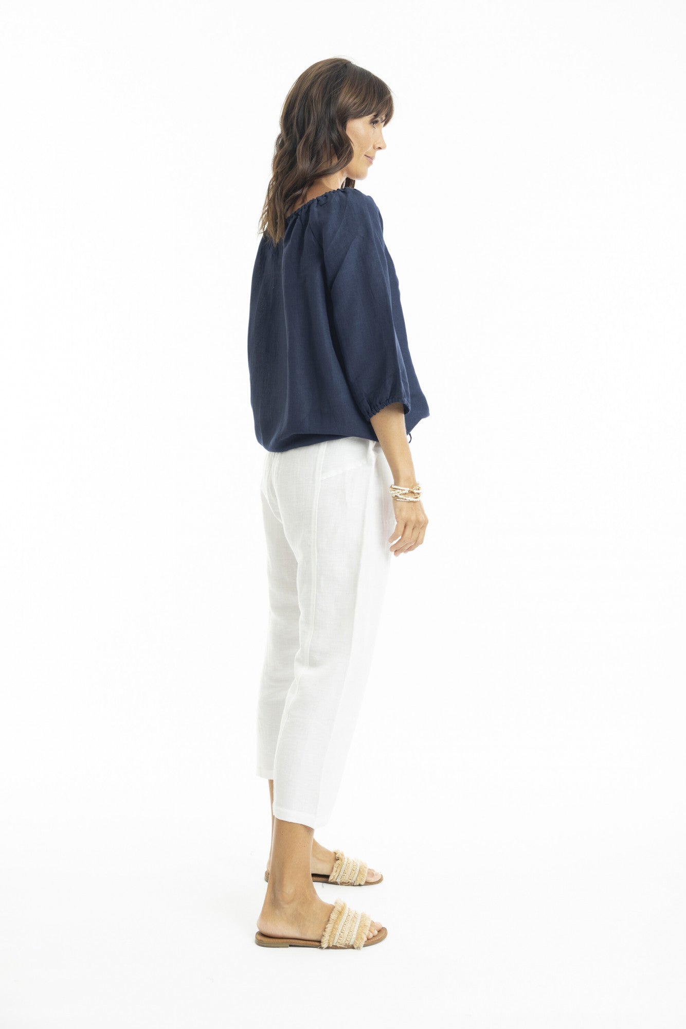 Linen 3/4 Sleeve Top with Gather Neckline Navy