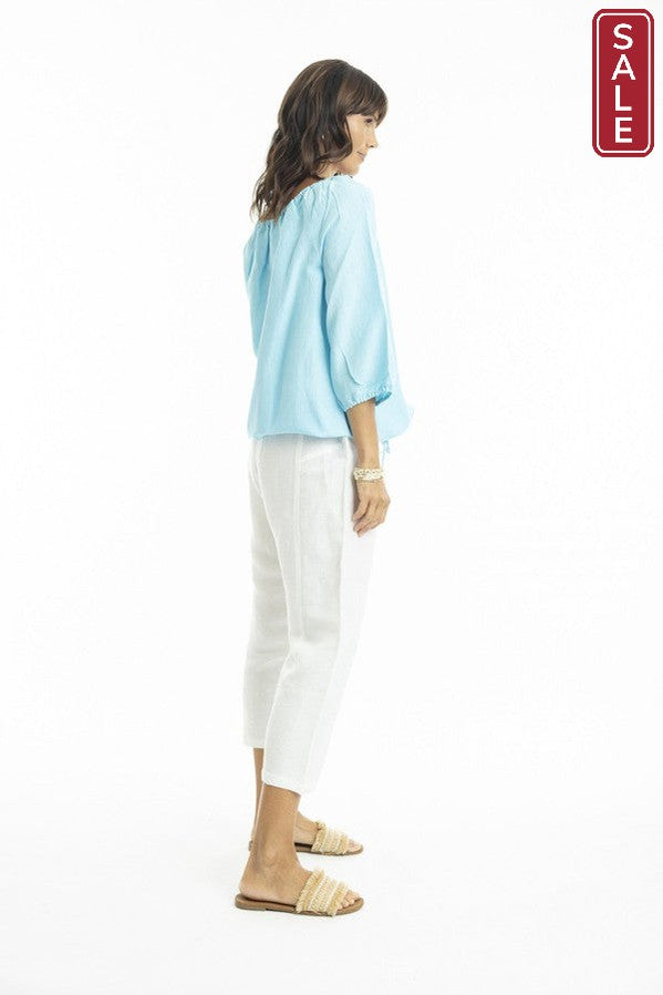 Linen 3/4 Sleeve Top with Gather Neckline sky