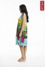 Printed Cotton Pleated V Neck Dress Carabean