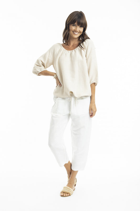 Linen 3/4 Sleeve Top with Gather Neckline sand