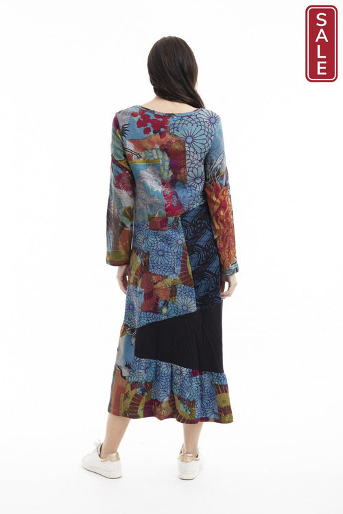 Back view of the Billie Jean Dress Maxi Patch with colorful patchwork design, perfect for any stylish occasion.