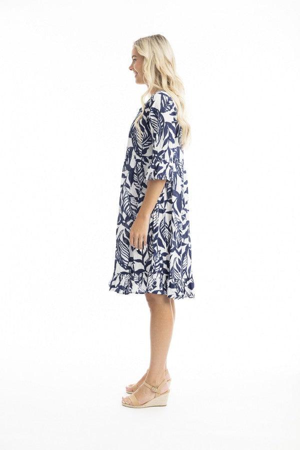 Hayman Navy Frill Sleeve Pinch Pleat Dress