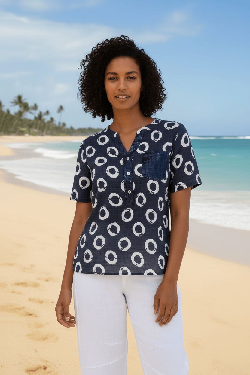 Vera Sequin pocket top featuring a playful circle pattern, soft fabric, and sequin accents against a beach backdrop.