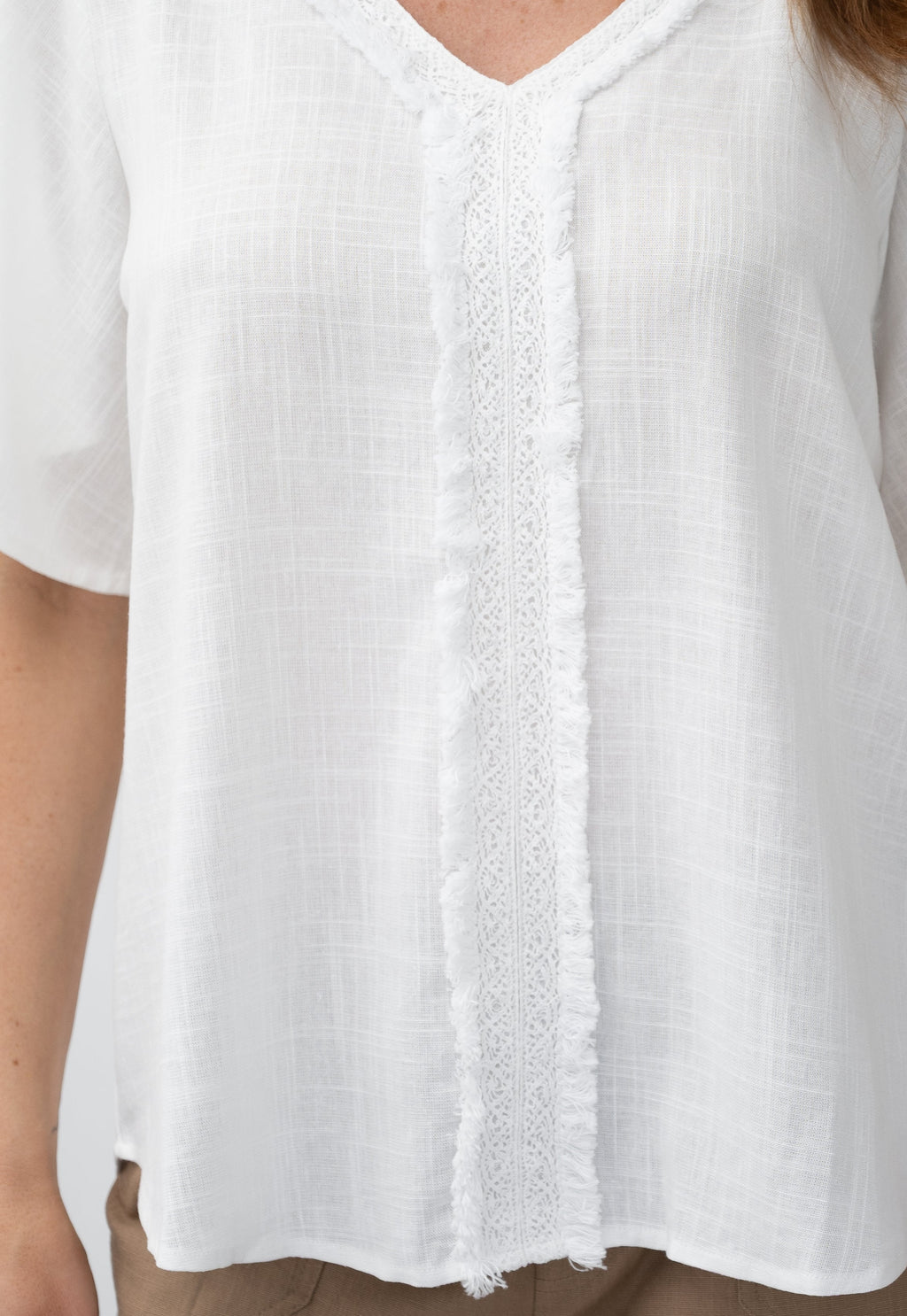 WT Lace Trim Top featuring a flattering V-neckline and delicate lace trim, perfect for layering and everyday wear.