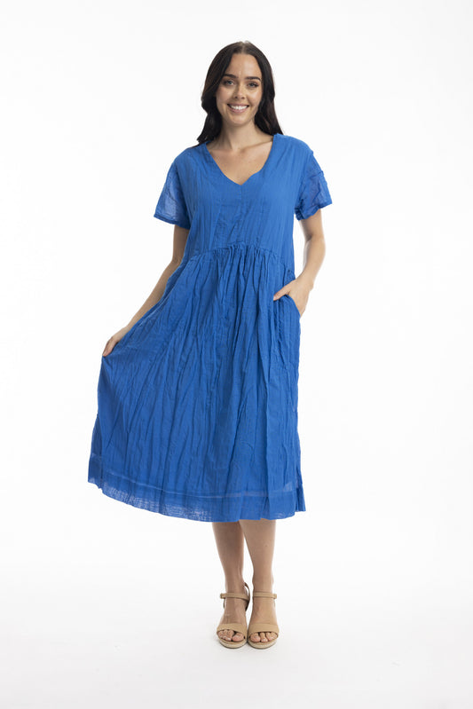 Essentials Organic Cotton Gauze Peak Dress Electric blue