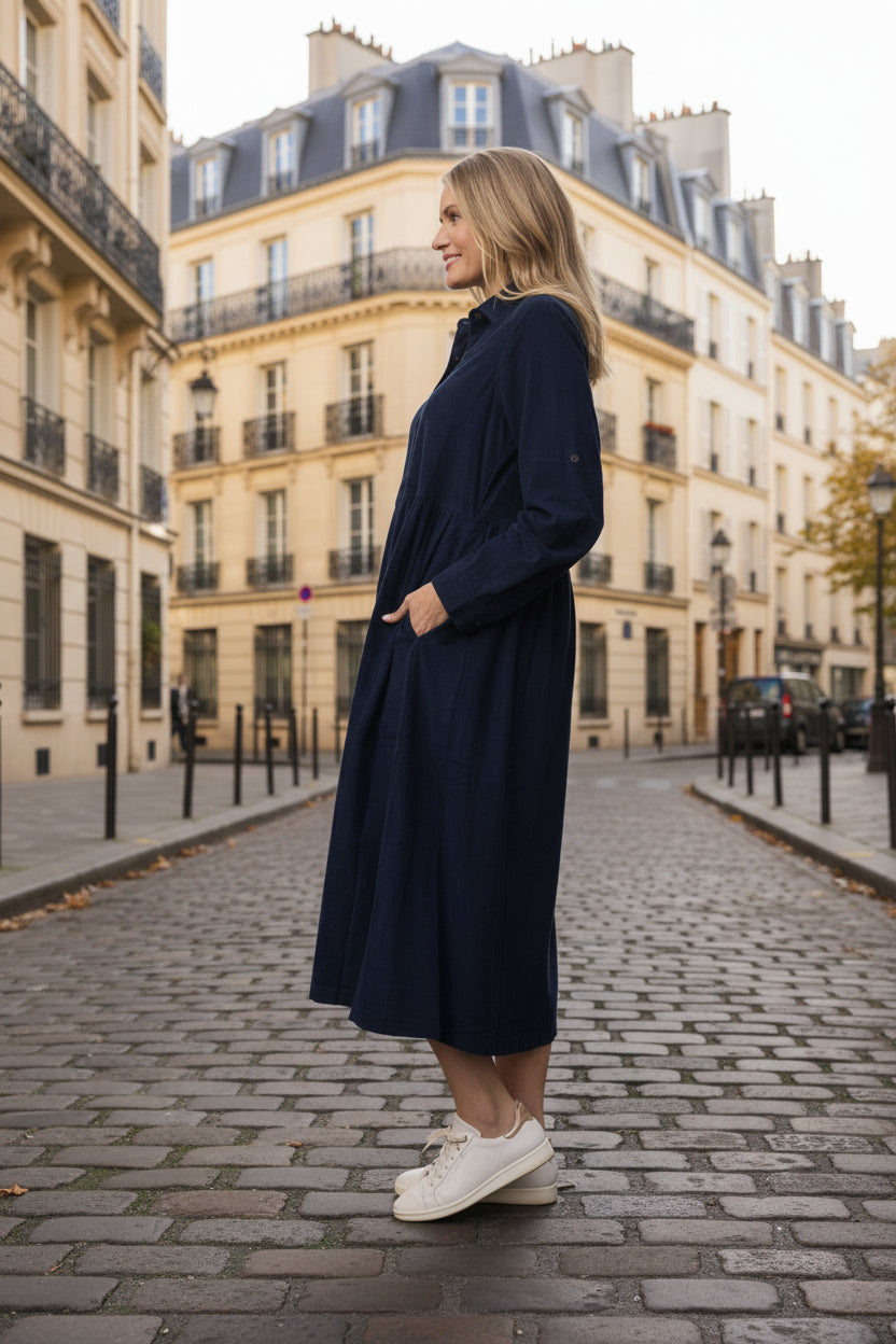 Cord Collar Buttons Dress -Navy Gypsyroad Bowral