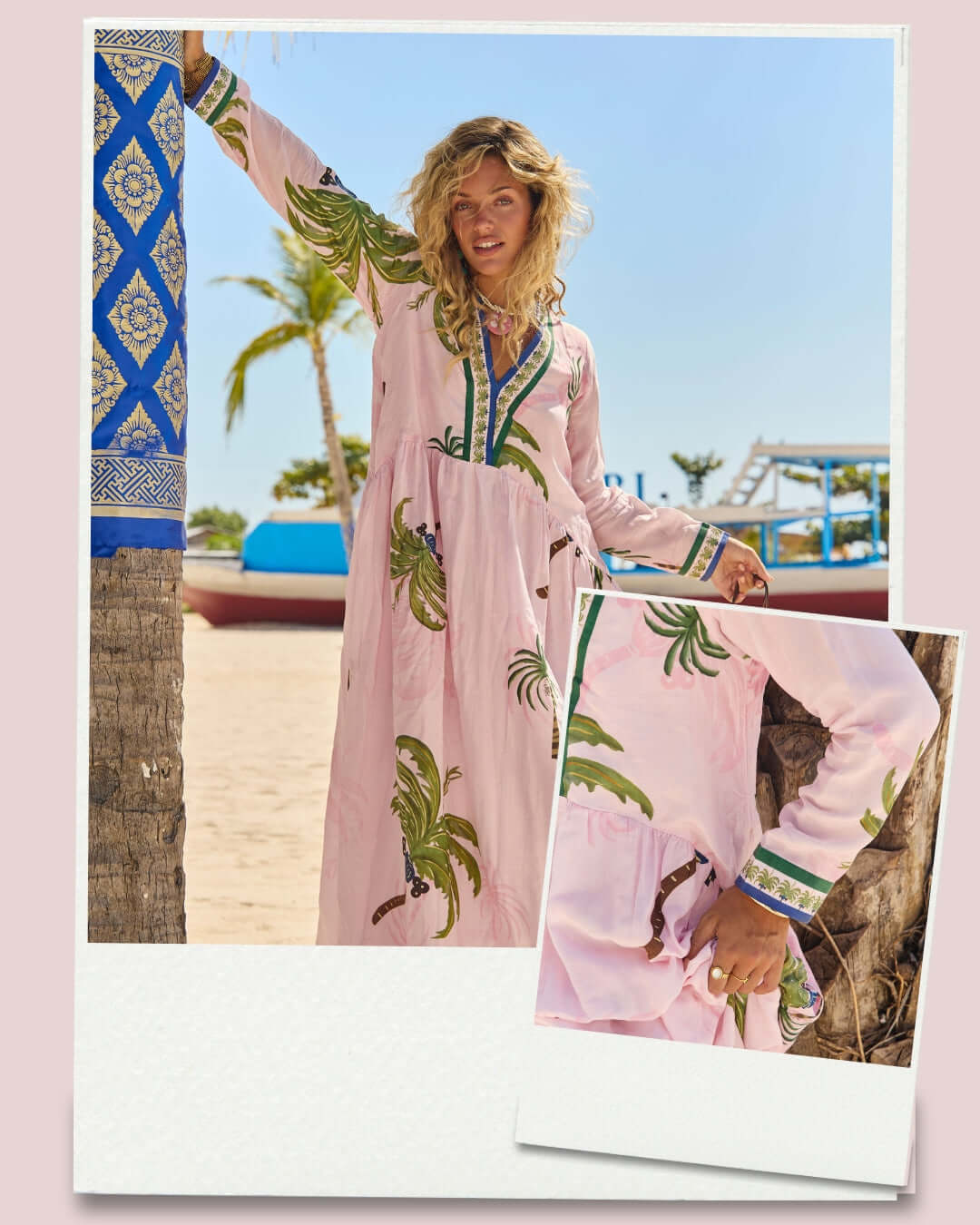 Penelope Maxi Amazon featuring soft blush pink and vibrant Amazon print on a model at the beach.