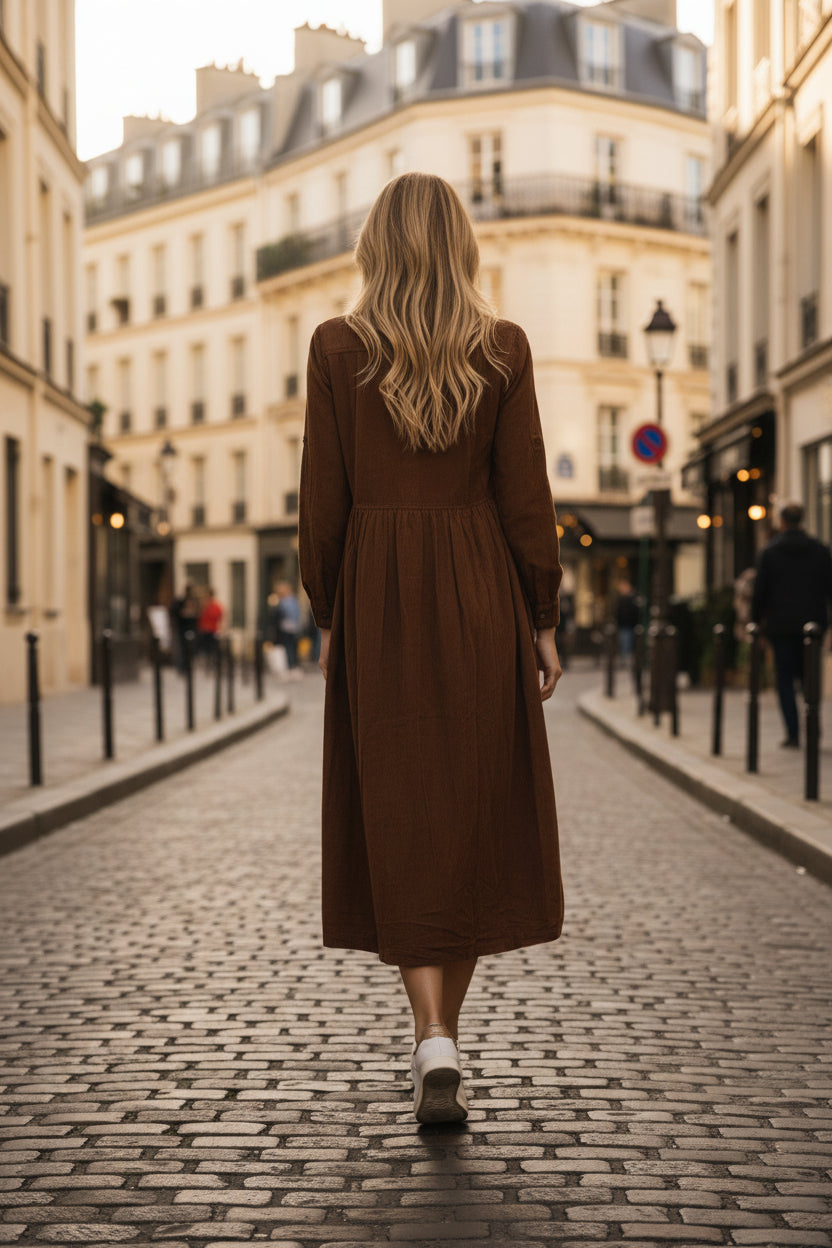 Cord Collar Buttons Dress -Tan Orientique