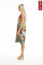 Printed Cotton Pleated V Neck Dress Havana
