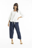 Linen 3/4 Sleeve Top with Gather Neckline white