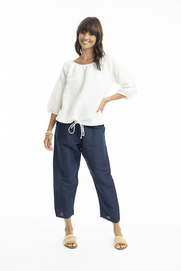 Linen 3/4 Sleeve Top with Gather Neckline white