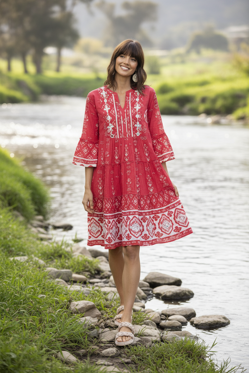 Carla Red Dress Layers Frill Sleeve red